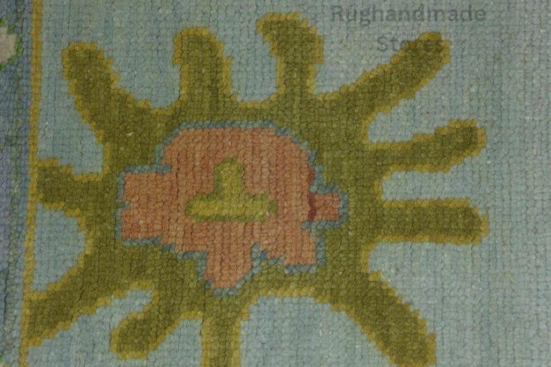 Hand-Knotted Oushak Wool Rug: Sky Blue, Gold & Terracotta, 8x10