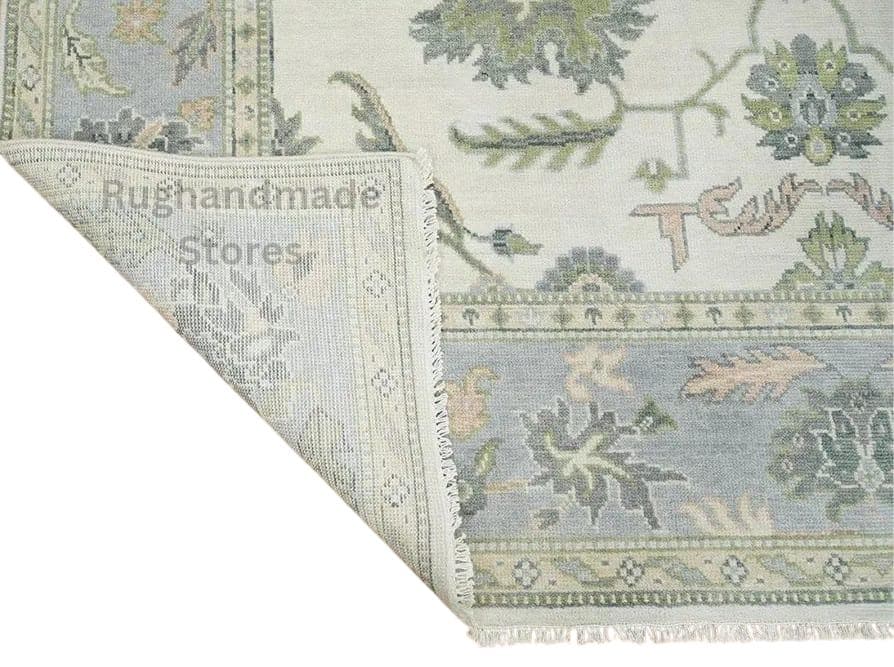 Hand-Knotted Oushak Wool Rug: Floral Sage, Blue, Ivory - 8x10, 9x12 Area Rug