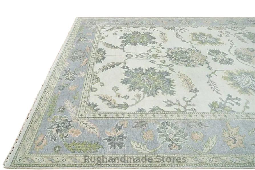 Hand-Knotted Oushak Wool Rug: Floral Sage, Blue, Ivory - 8x10, 9x12 Area Rug