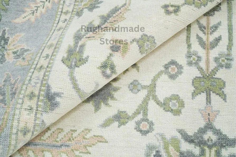 Hand-Knotted Oushak Wool Rug: Floral Sage, Blue, Ivory - 8x10, 9x12 Area Rug