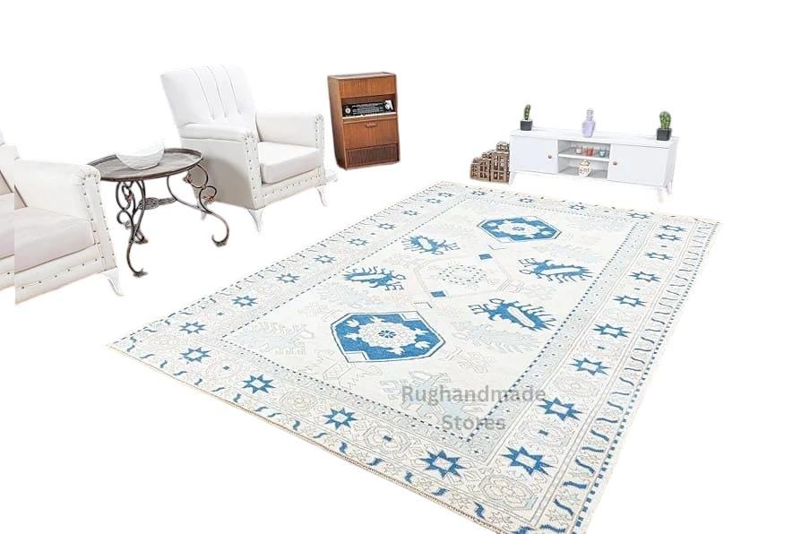 Handmade Oushak Wool Rug: White & Blue Turkish Knot, Vintage Style