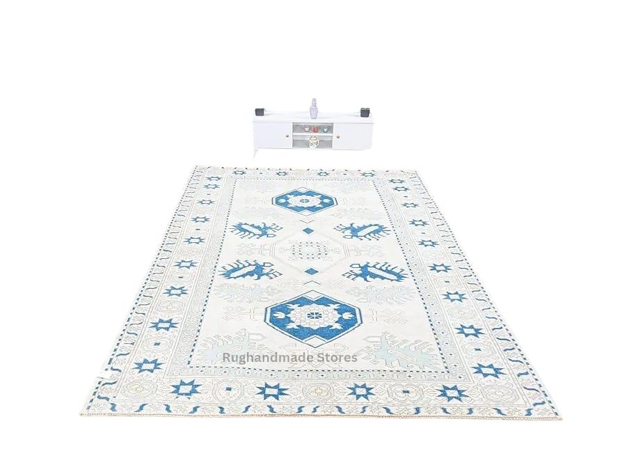 Handmade Oushak Wool Rug: White & Blue Turkish Knot, Vintage Style