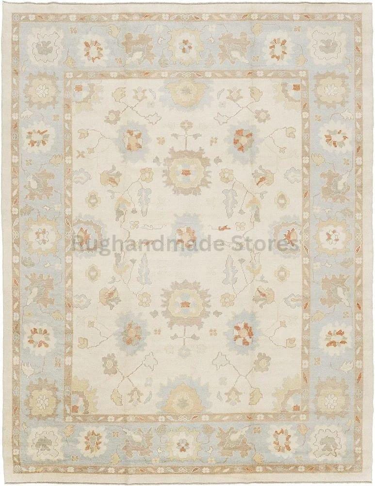 Hand-Knotted Oushak Wool Rug: Geometric Turkish Knot, Muted Tones