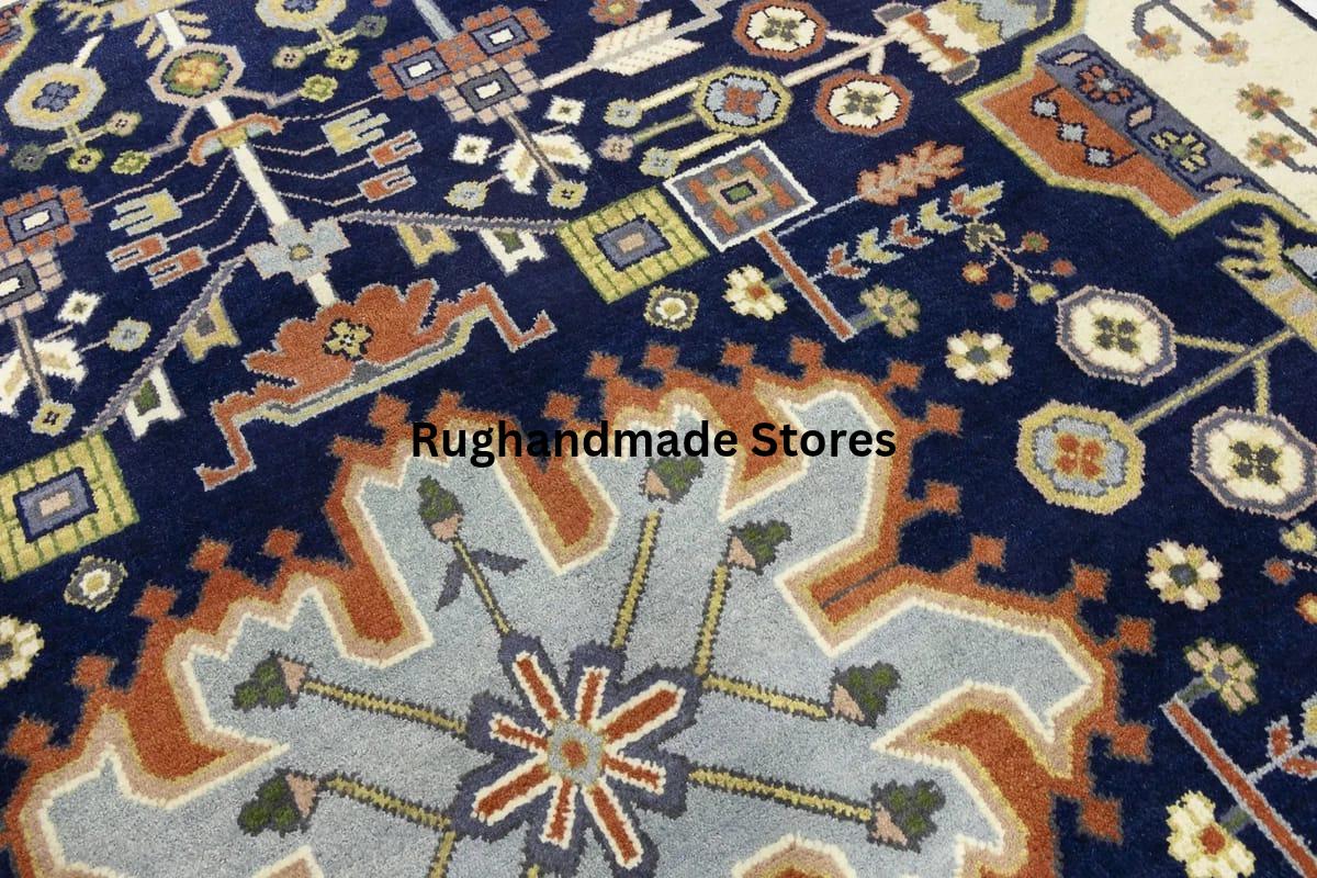 Hand-Knotted Oushak Wool Rug: Geometric Medallion, Navy Blue & Ivory, 8x10