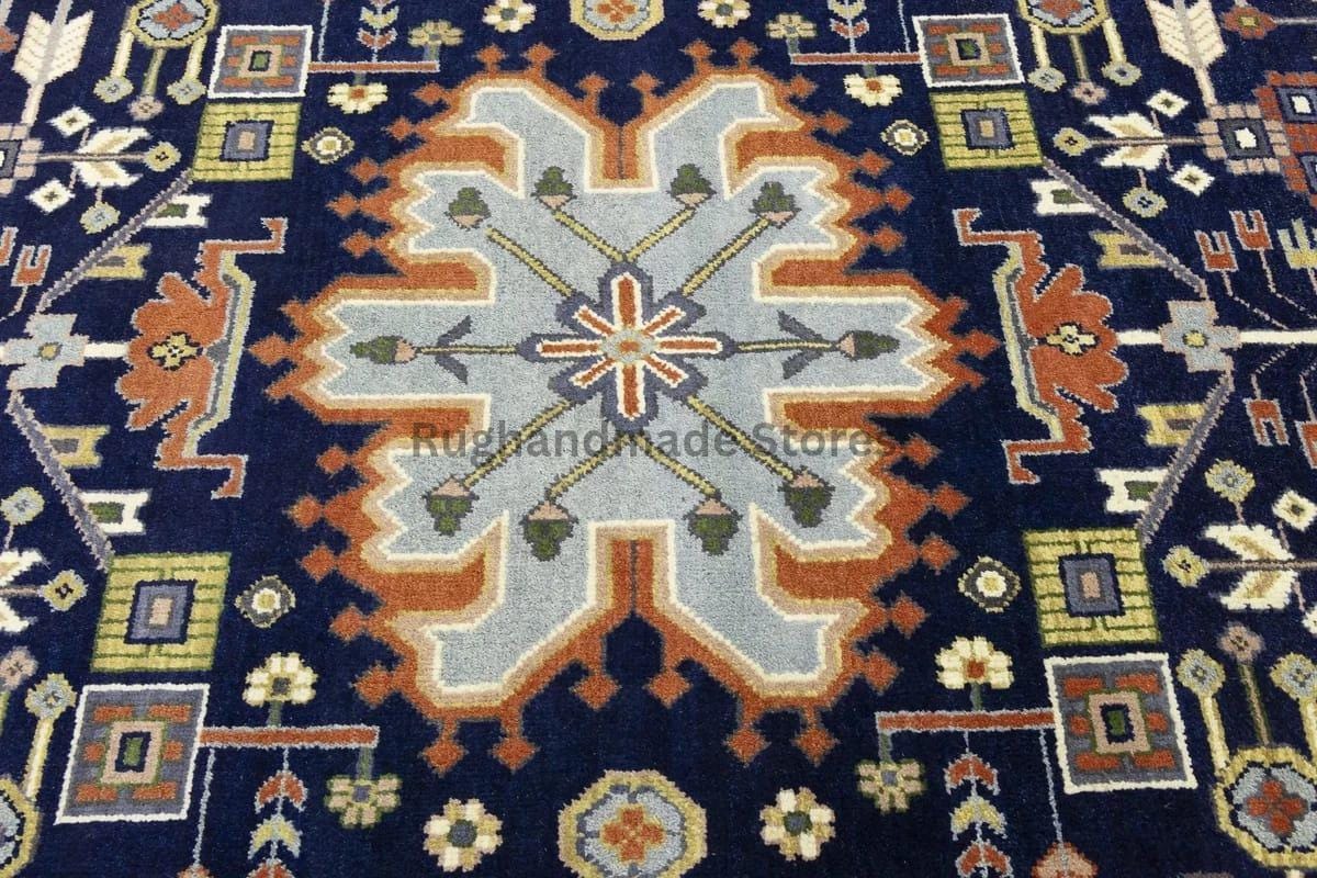 Hand-Knotted Oushak Wool Rug: Geometric Medallion, Navy Blue & Ivory, 8x10