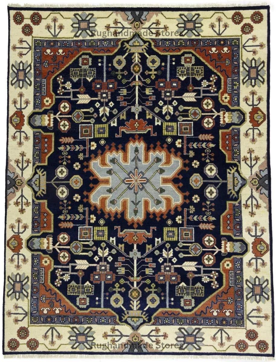 Hand-Knotted Oushak Wool Rug: Geometric Medallion, Navy Blue & Ivory, 8x10
