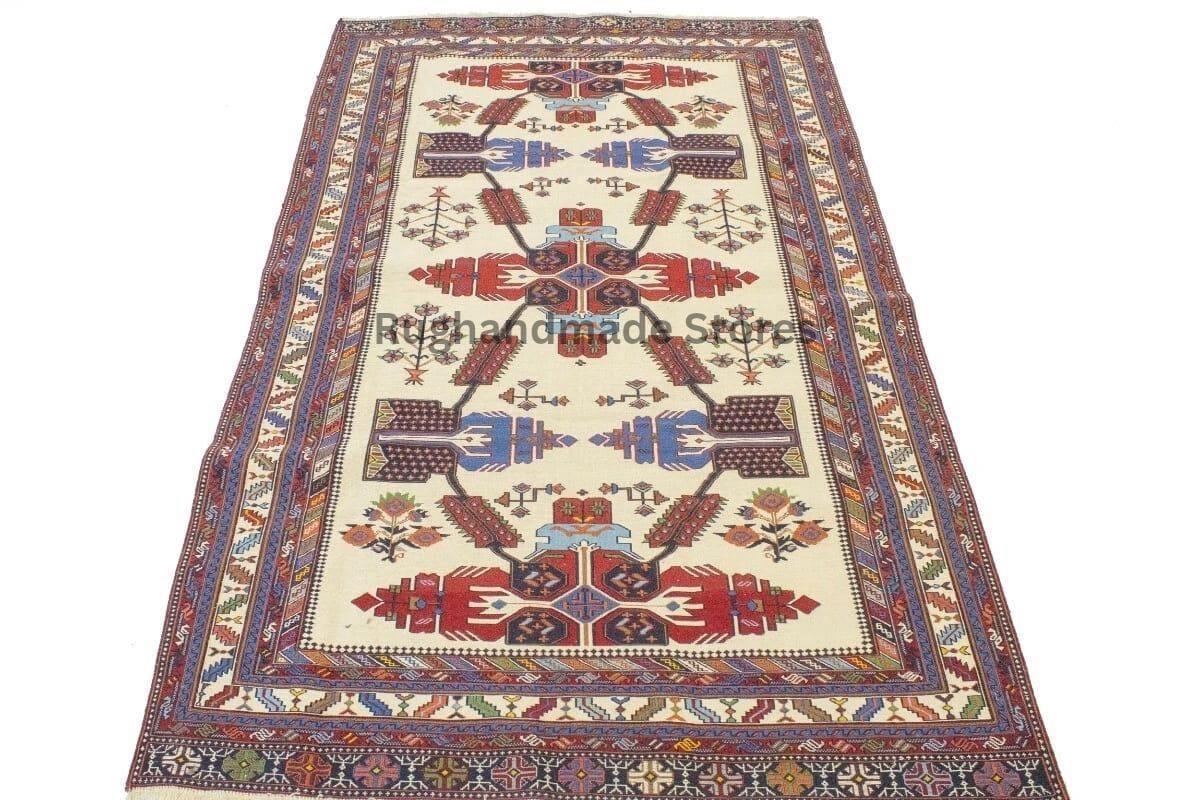 Hand-Knotted Wool Rug: Geometric Oushak Design, Ivory & Red, 8x10