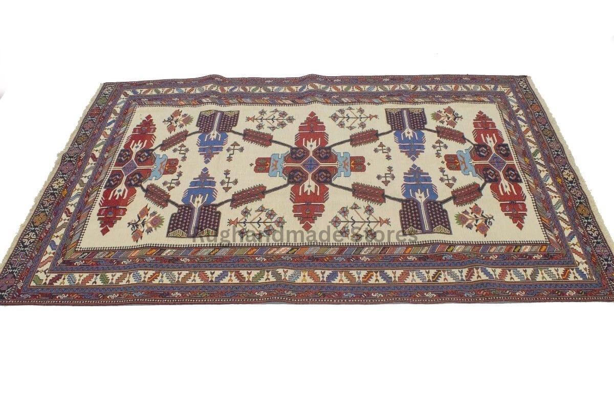 Hand-Knotted Wool Rug: Geometric Oushak Design, Ivory & Red, 8x10