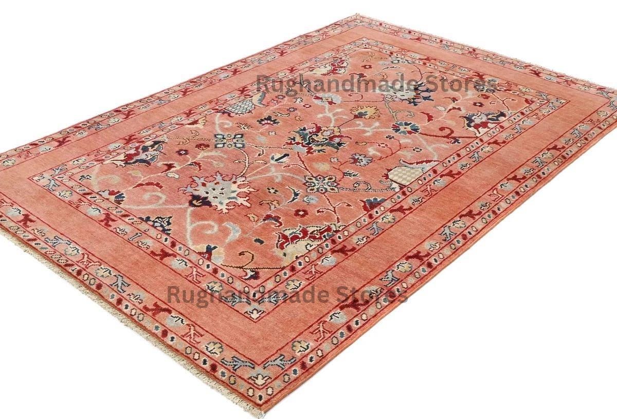 Handmade Wool Turkish Knot Rug: Pink & Yellow Oushak Area Rug