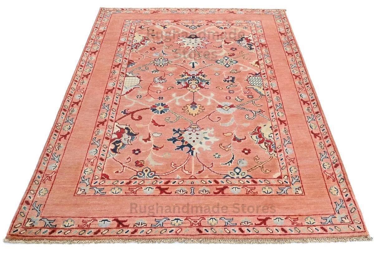 Handmade Wool Turkish Knot Rug: Pink & Yellow Oushak Area Rug