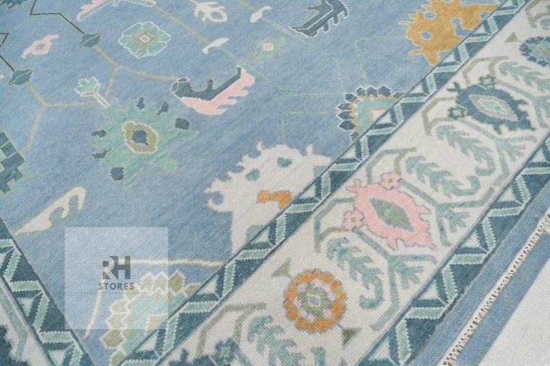 Handmade Oushak Wool Rug: Blue, Orange & White Turkish Knot Area Rug