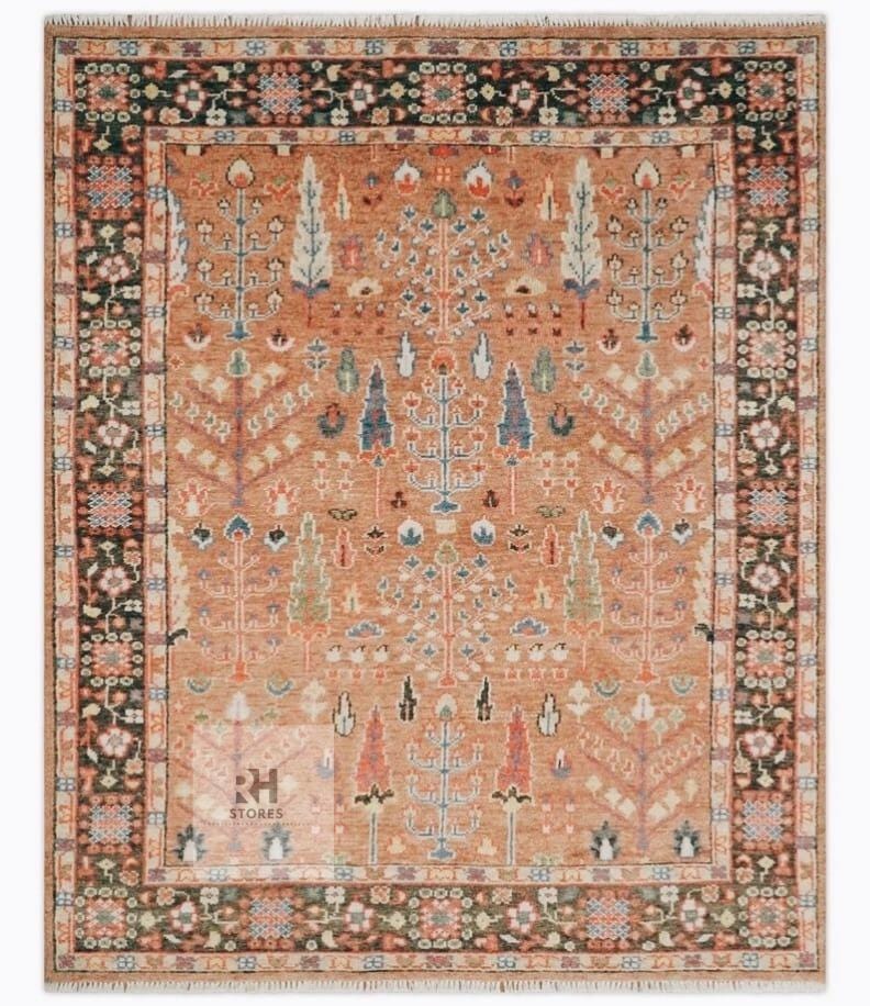 Hand-Knotted Tree of Life Wool Rug: Persian Style, Orange Cream Rust