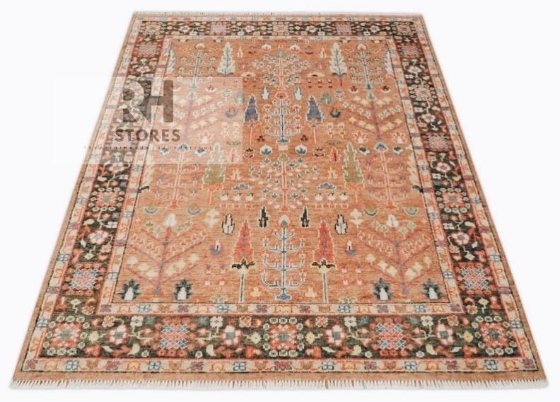 Hand-Knotted Tree of Life Wool Rug: Persian Style, Orange Cream Rust