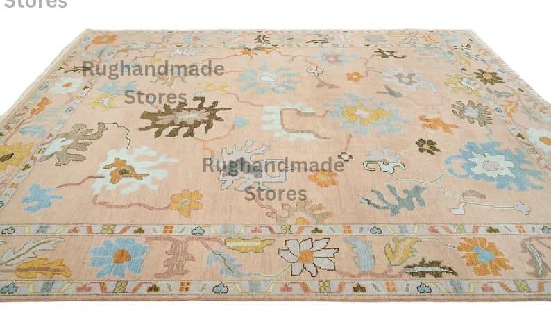 Hand-Knotted Oushak Wool Rug: Vintage Turkish Knot Area Rug