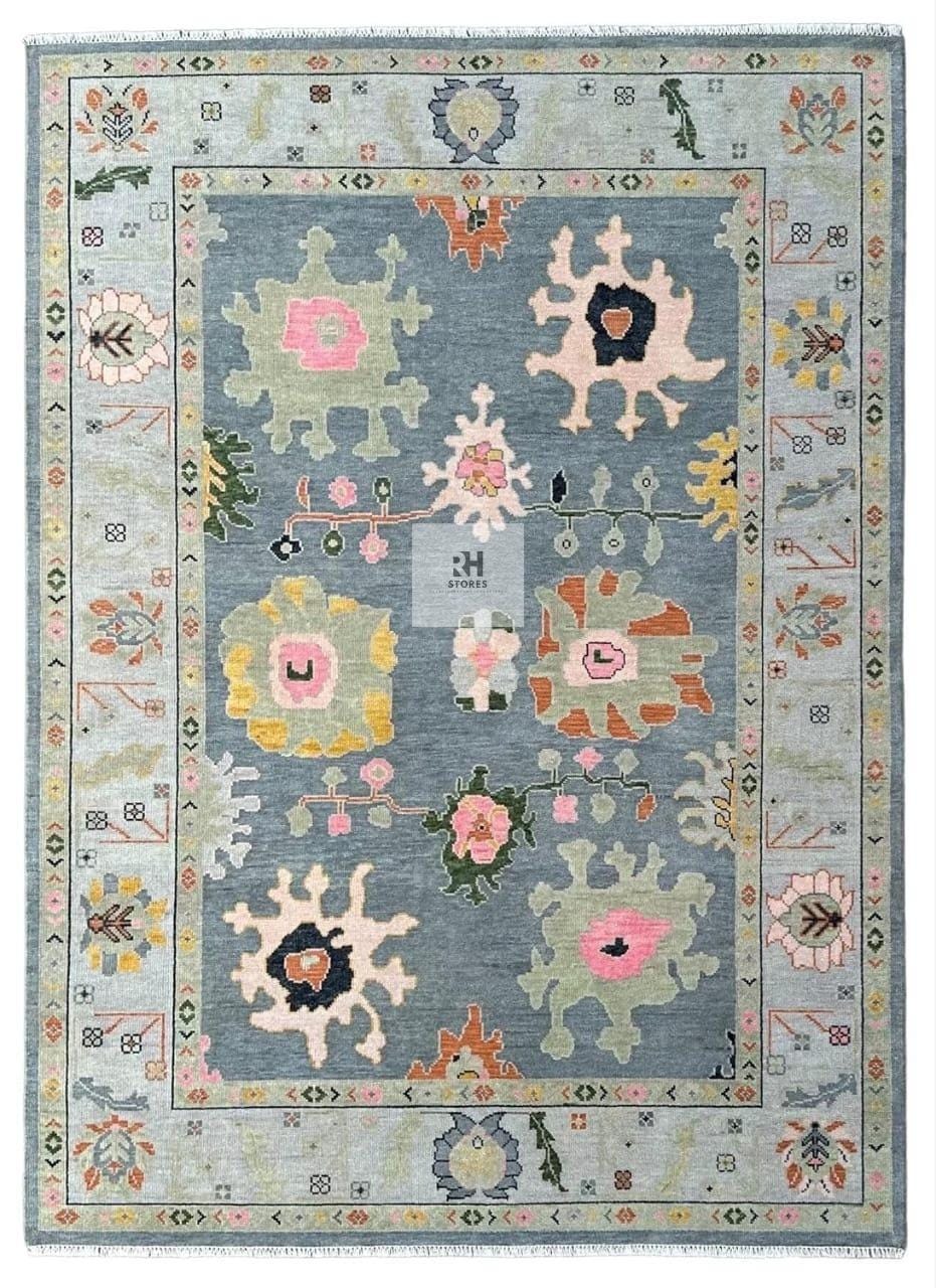 Vintage Oushak Green Area Rug Blueish Green Rug And Blue Gold Beige Rug Turkish Wool Area Rug, Living Room Rug, Bedroom Rug, Kids Room Rug
