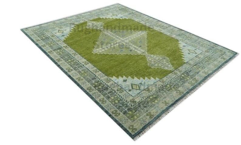 Handmade Oushak Wool Rug: Olive Green, Beige & Gray Turkish Knot