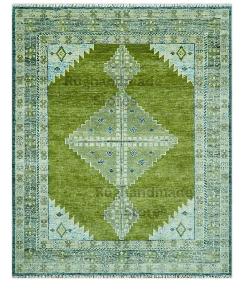Handmade Oushak Wool Rug: Olive Green, Beige & Gray Turkish Knot