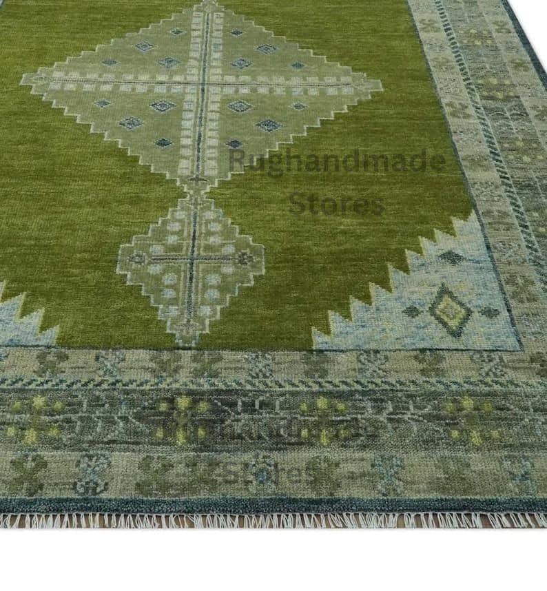 Handmade Oushak Wool Rug: Olive Green, Beige & Gray Turkish Knot
