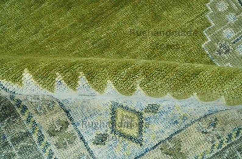 Handmade Oushak Wool Rug: Olive Green, Beige & Gray Turkish Knot