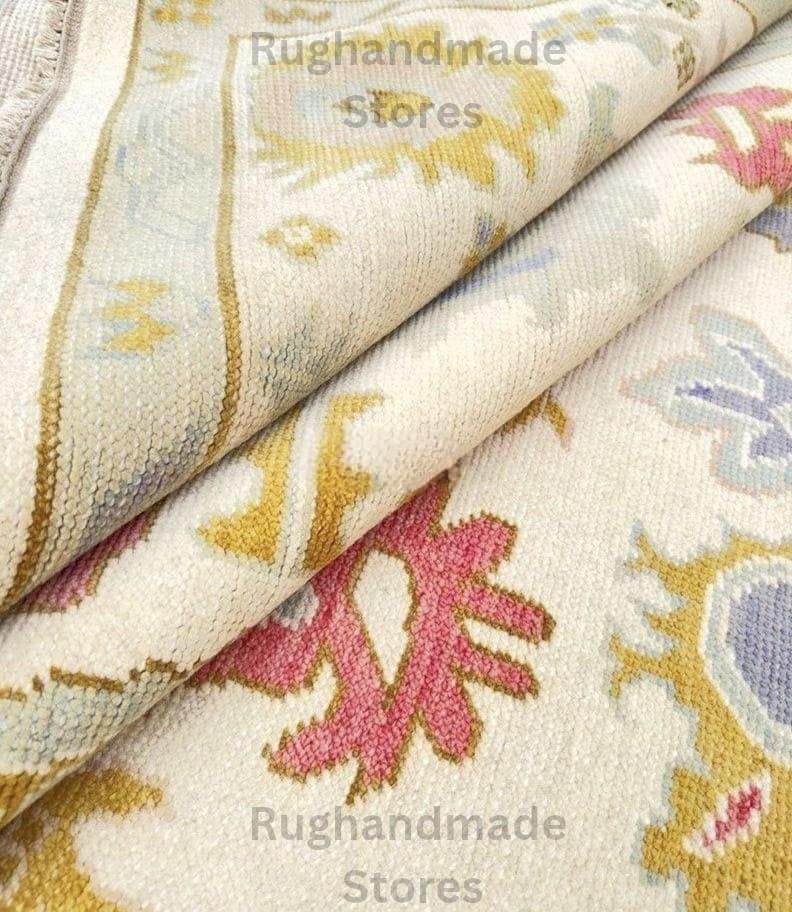 Oushak Wool Rug: Beige, Gold & Gray Turkish Knot Area Rug 9x12 ft