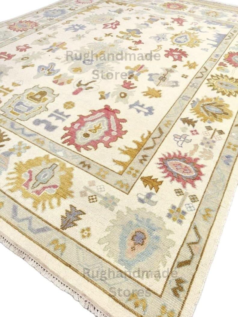 Oushak Wool Rug: Beige, Gold & Gray Turkish Knot Area Rug 9x12 ft