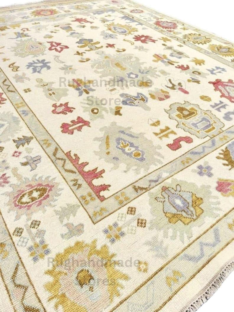Oushak Wool Rug: Beige, Gold & Gray Turkish Knot Area Rug 9x12 ft