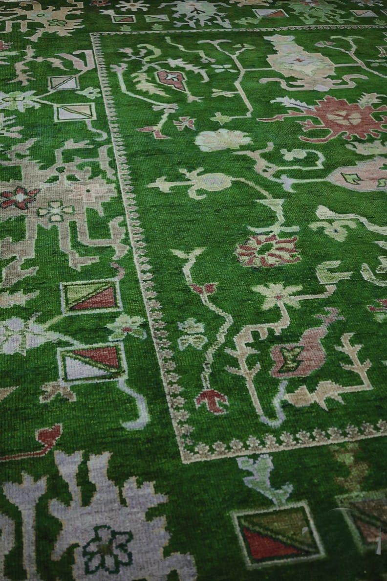 Hand-Knotted Oushak Wool Rug: Dark Green, Beige & Brown, 8x10 Vintage Turkish Knot