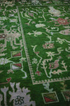 Hand-Knotted Oushak Wool Rug: Dark Green, Beige & Brown, 8x10 Vintage Turkish Knot