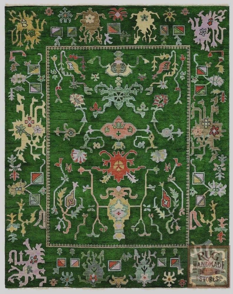 Hand-Knotted Oushak Wool Rug: Dark Green, Beige & Brown, 8x10 Vintage Turkish Knot
