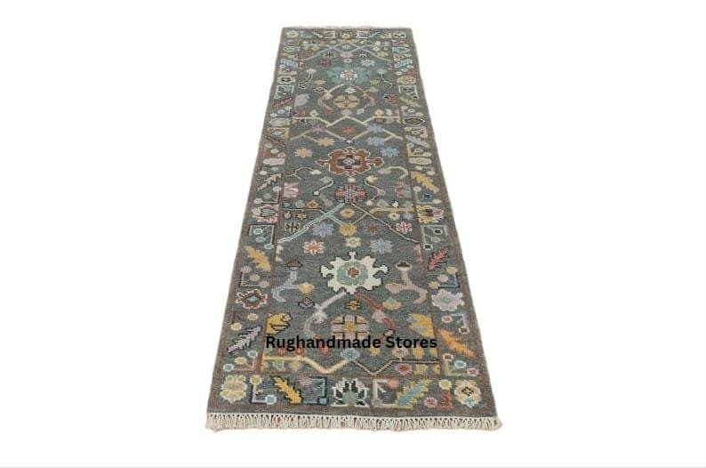 Handmade Oushak Wool Runner Rug: Gray, Olive, Blue Floral, 2.6x7 ft