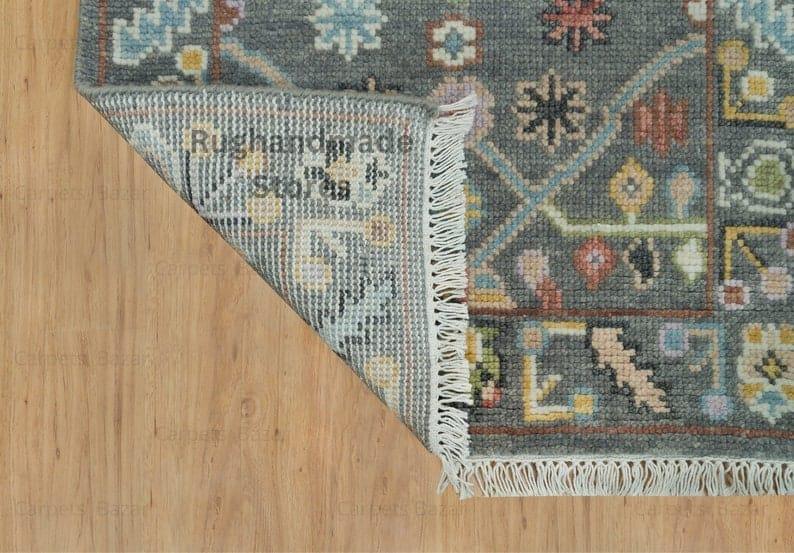 Handmade Oushak Wool Runner Rug: Gray, Olive, Blue Floral, 2.6x7 ft