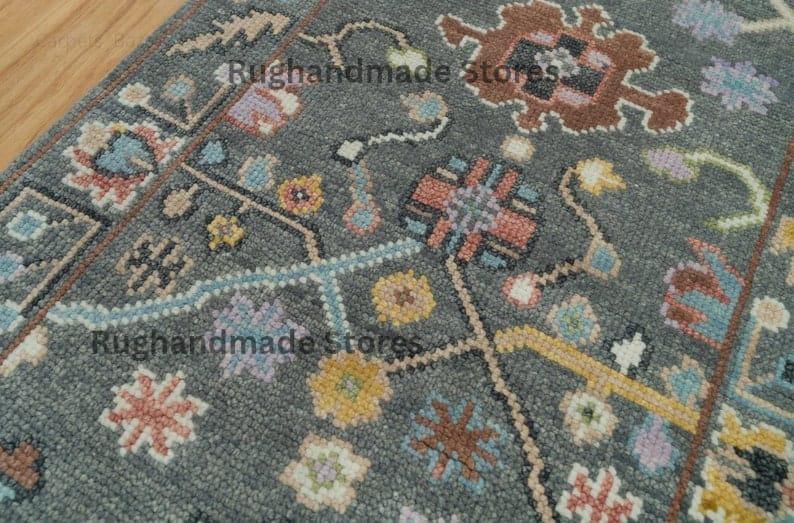Handmade Oushak Wool Runner Rug: Gray, Olive, Blue Floral, 2.6x7 ft