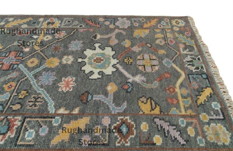 Handmade Oushak Wool Runner Rug: Gray, Olive, Blue Floral, 2.6x7 ft