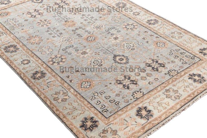 Handmade Oushak Wool Rug: Slate Blue, Ivory, Peach Floral Design