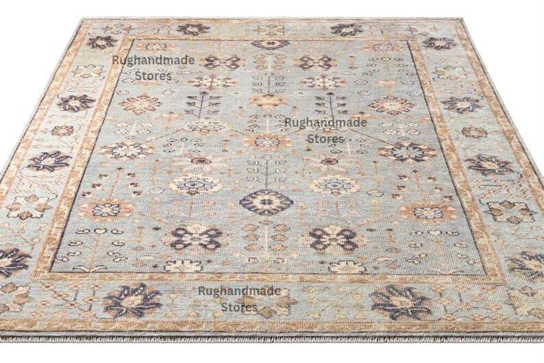 Handmade Oushak Wool Rug: Slate Blue, Ivory, Peach Floral Design