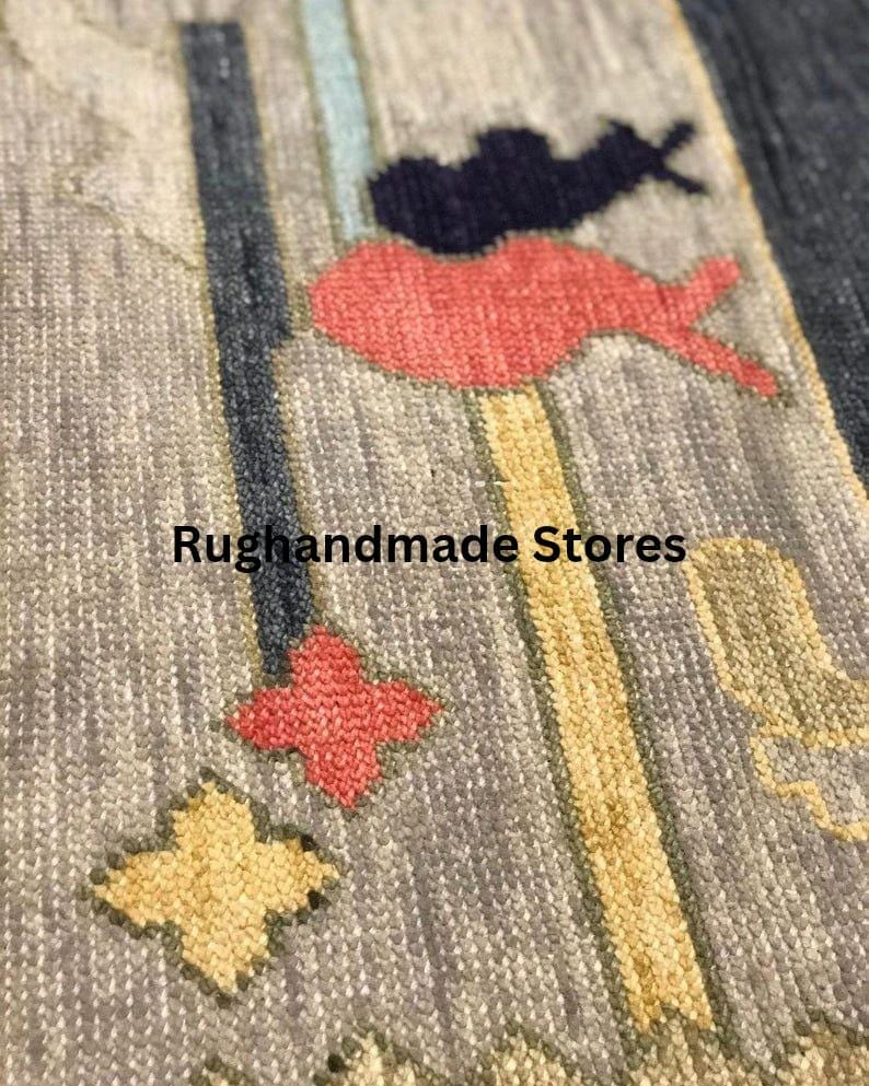Hand-Knotted Oushak Wool Rug: Light Blue, Gray, Coral, 8x10 Area Rug