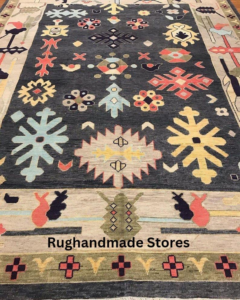 Hand-Knotted Oushak Wool Rug: Light Blue, Gray, Coral, 8x10 Area Rug