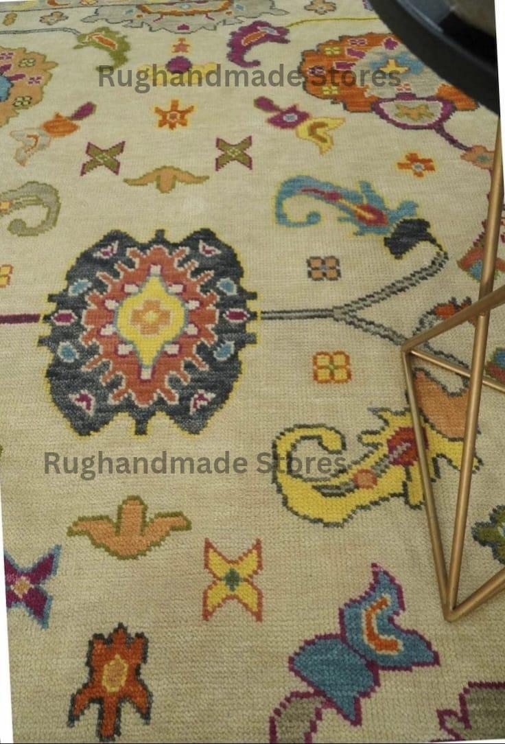 Hand-Knotted Oushak Wool Rug: Mustard, Navy, Orange - 8x10 Turkish Area Rug