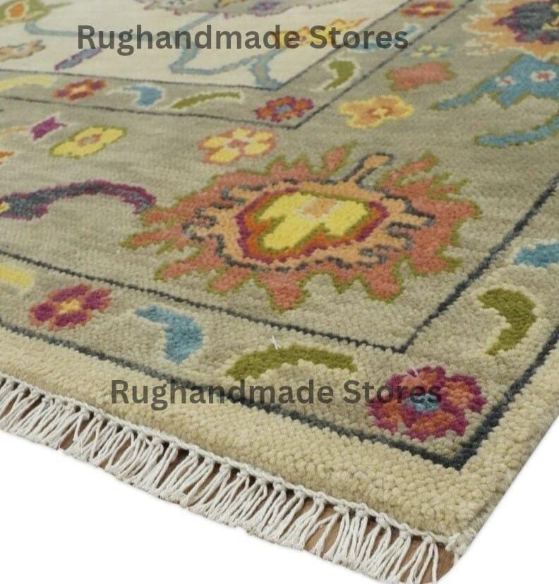 Hand-Knotted Oushak Wool Rug: Mustard, Navy, Orange - 8x10 Turkish Area Rug