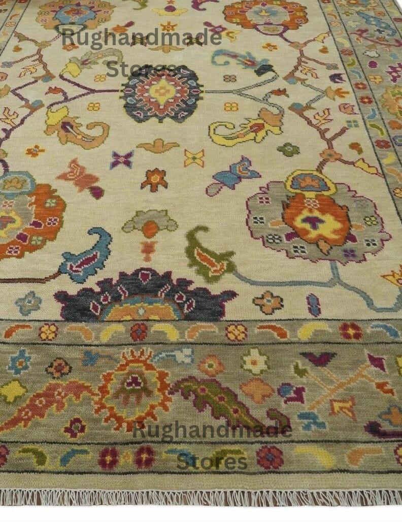 Hand-Knotted Oushak Wool Rug: Mustard, Navy, Orange - 8x10 Turkish Area Rug
