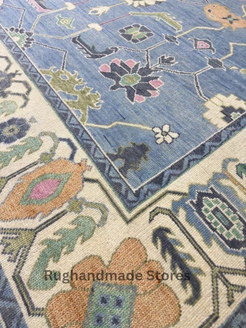 Handmade Oushak Wool Rug: Mint, Peach, Ivory Turkish Knot Area Rug