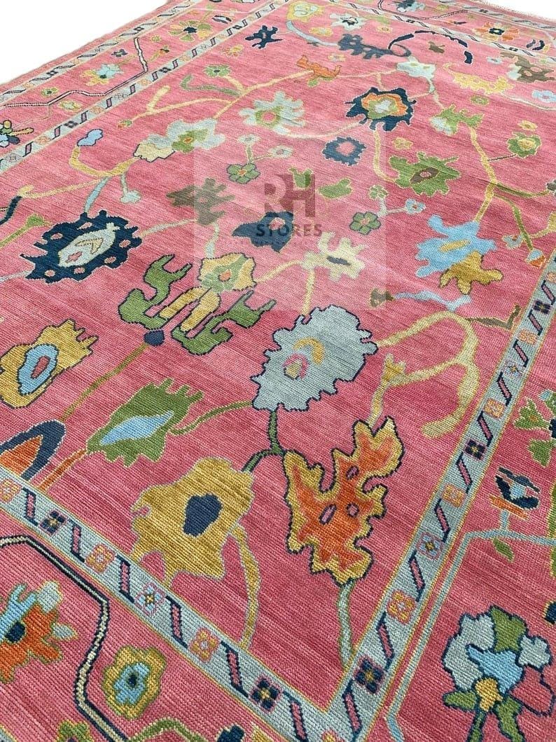 Handmade Oushak Wool Rug: Pink & Sky Blue Turkish Knot, 8x10 Area Rug