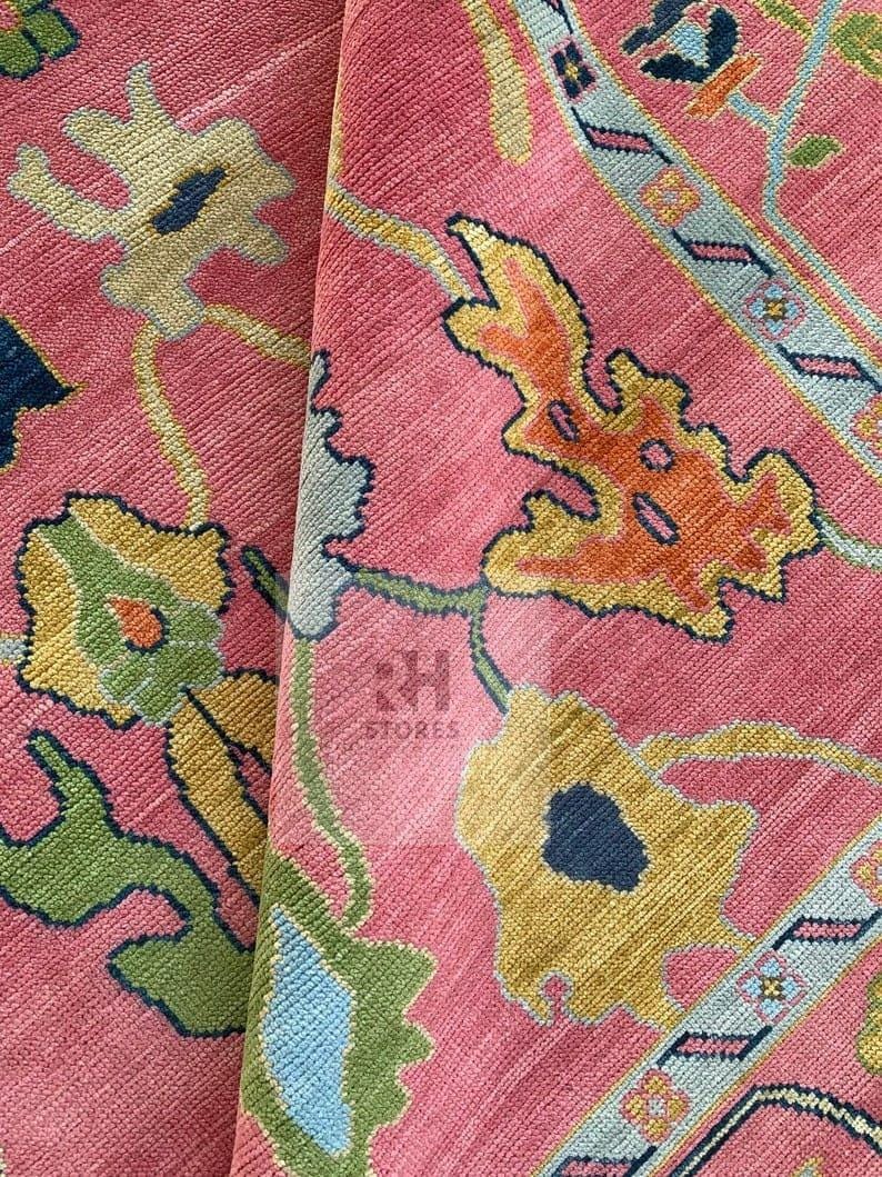 Handmade Oushak Wool Rug: Pink & Sky Blue Turkish Knot, 8x10 Area Rug
