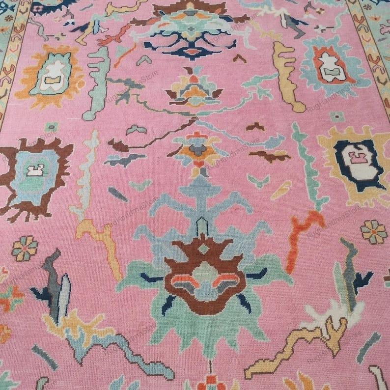 Handwoven Oushak Rug: Pastel Pink Turkish Boho Decor (8x10, 9x12 Area Rugs Available)