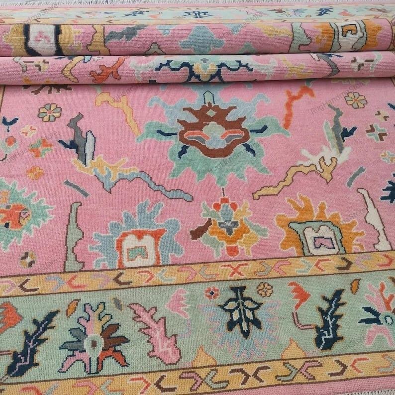 Handwoven Oushak Rug: Pastel Pink Turkish Boho Decor (8x10, 9x12 Area Rugs Available)