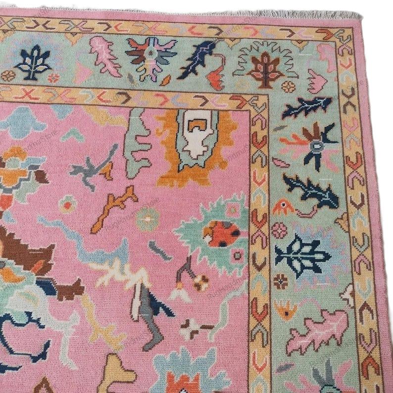 Handwoven Oushak Rug: Pastel Pink Turkish Boho Decor (8x10, 9x12 Area Rugs Available)