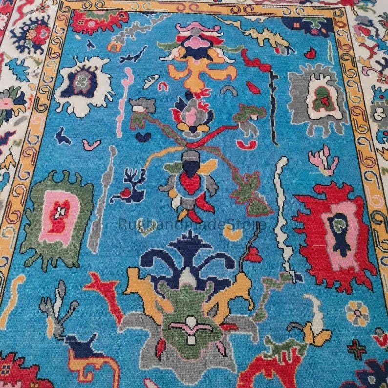 Handmade Oushak Wool Rug: Turkish Knot Area Rug, Dark Blue, 8x10