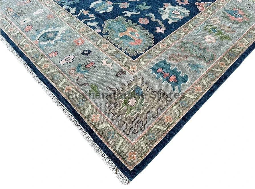 Handmade Oushak Wool Rug: Blue & Gray Turkish Knot Area Rug