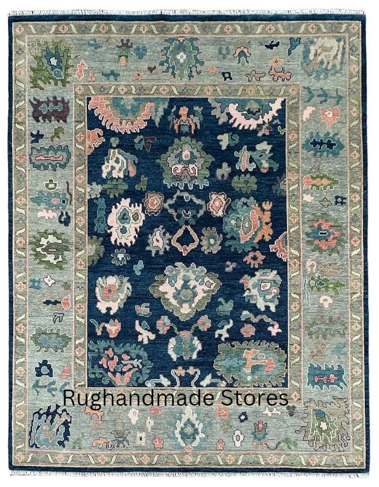 Handmade Oushak Wool Rug: Blue & Gray Turkish Knot Area Rug