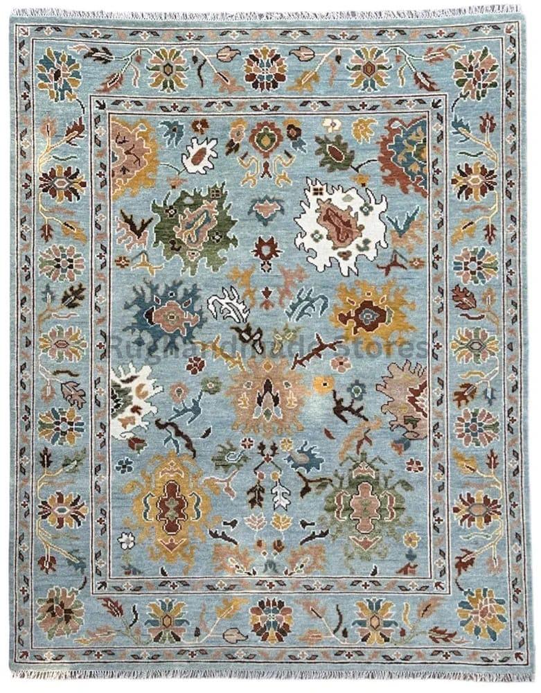 Hand-Knotted Oushak Wool Rug: Sky Blue & Multicolor Turkish Area Rug